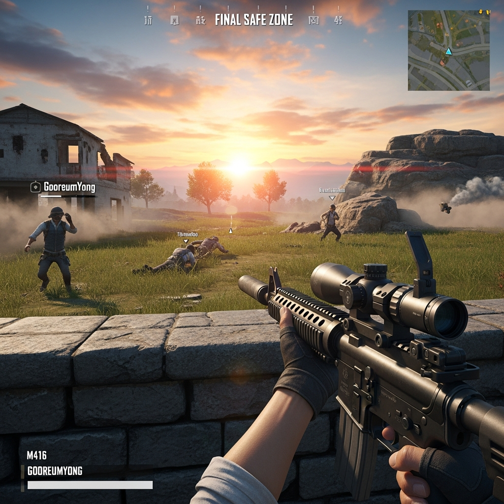 A highly intense, first-person shooter perspective (FPP) image from PlayerUnknown's Battlegrounds. A lone player, 'GooreumYong,' is crouched behind cover, aiming an M416 assault rifle at four visible enemies approaching from different angles in the final safe zone. Cinematic, dramatic lighting, high detail.