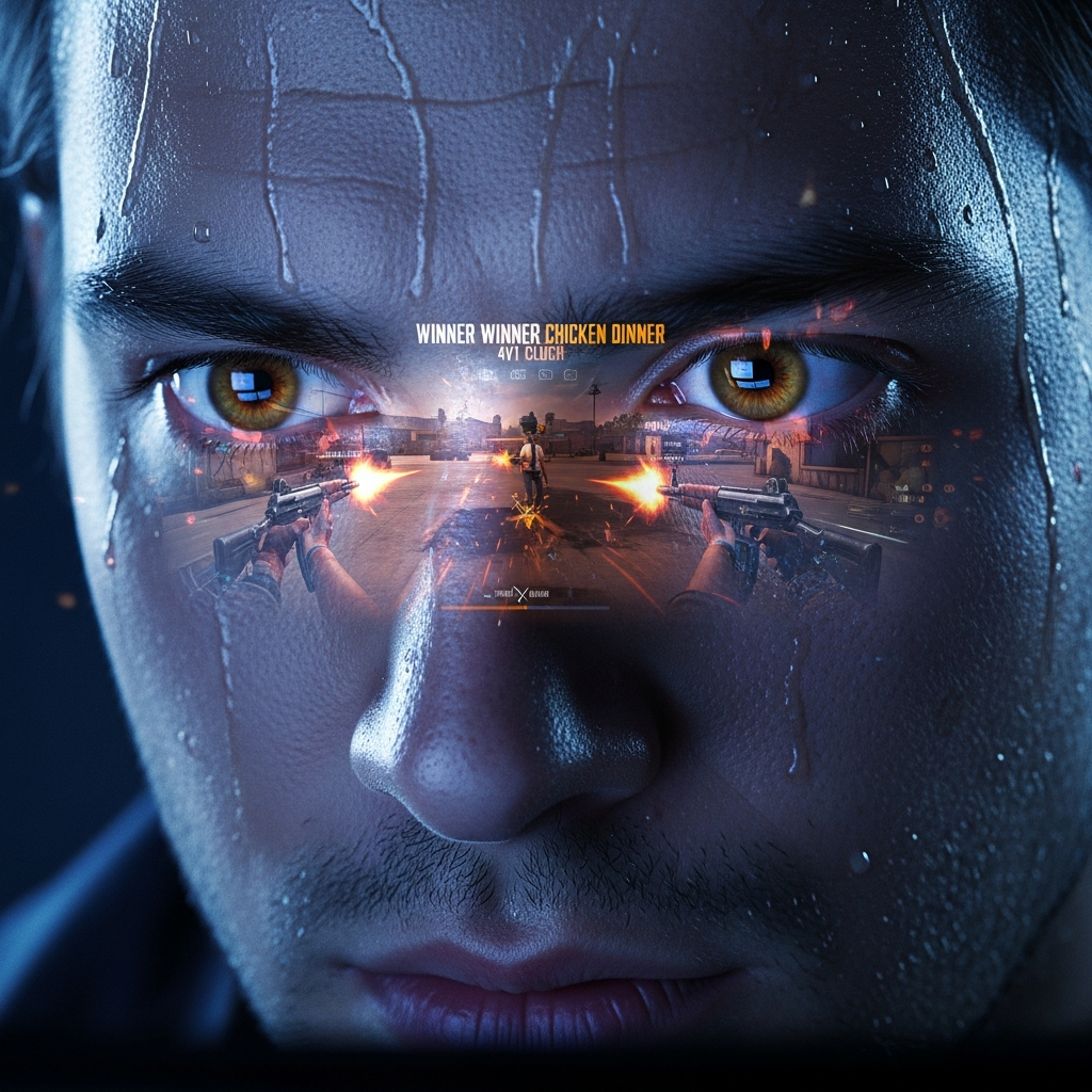 A close-up shot of a determined gamer's face illuminated by the computer screen, reflecting an intense PUBG 4v1 clutch moment. The screen reflects muzzle flashes and the 'Chicken Dinner' text faintly appearing. Focus on intense concentration and sweat, realistic digital art style.