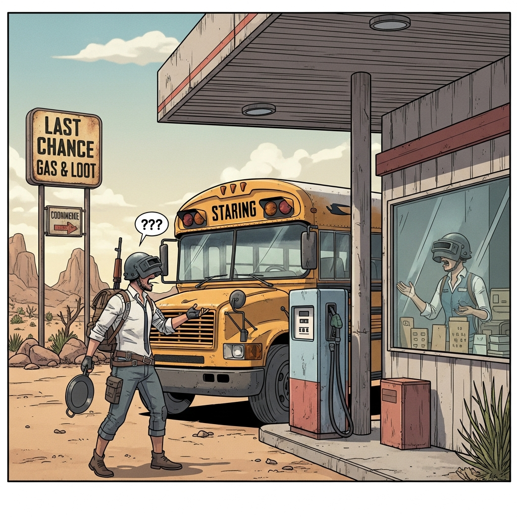 A funny and absurd scene showing the PUBG starting bus pulled over at a barren, broken-down gas station in the desert (like Miramar map). A confused PUBG player in full gear is arguing with an invisible attendant about why the bus needs no gasoline. Stylized, comic book aesthetic.