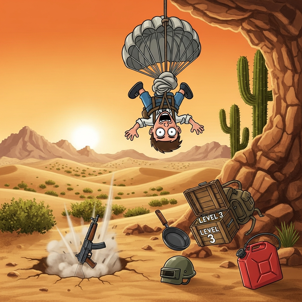 A cartoon PUBG character hilariously failing a parachute landing onto a desert map, highly cinematic.