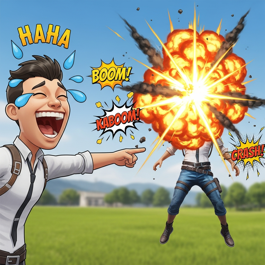 Animated PUBG character pointing and laughing at a teammate who accidentally blew himself up, dramatic sound effect icons.