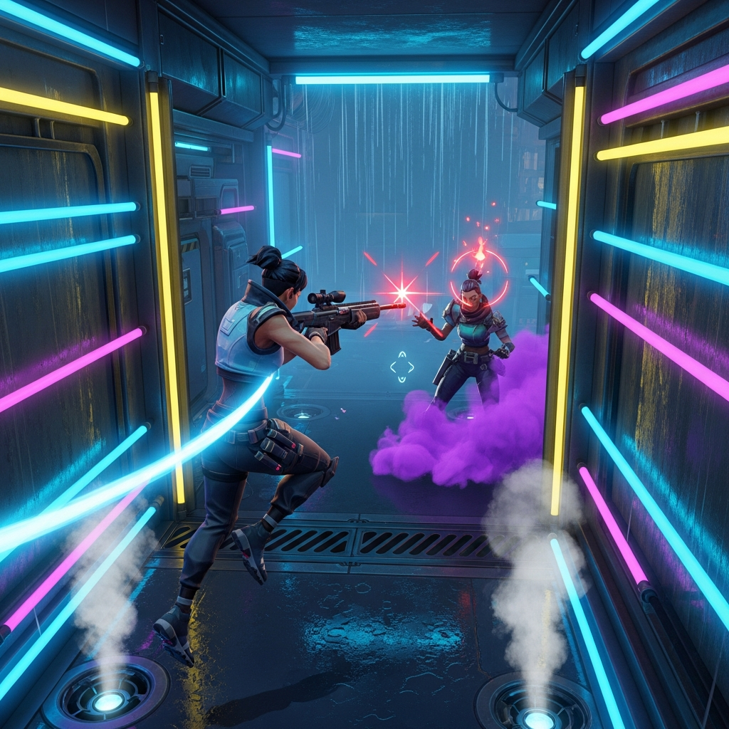 A neon-lit, intense Valorant scene showing a player hitting a perfect headshot during a clutch moment, framed vertically for a dramatic short clip aesthetic.