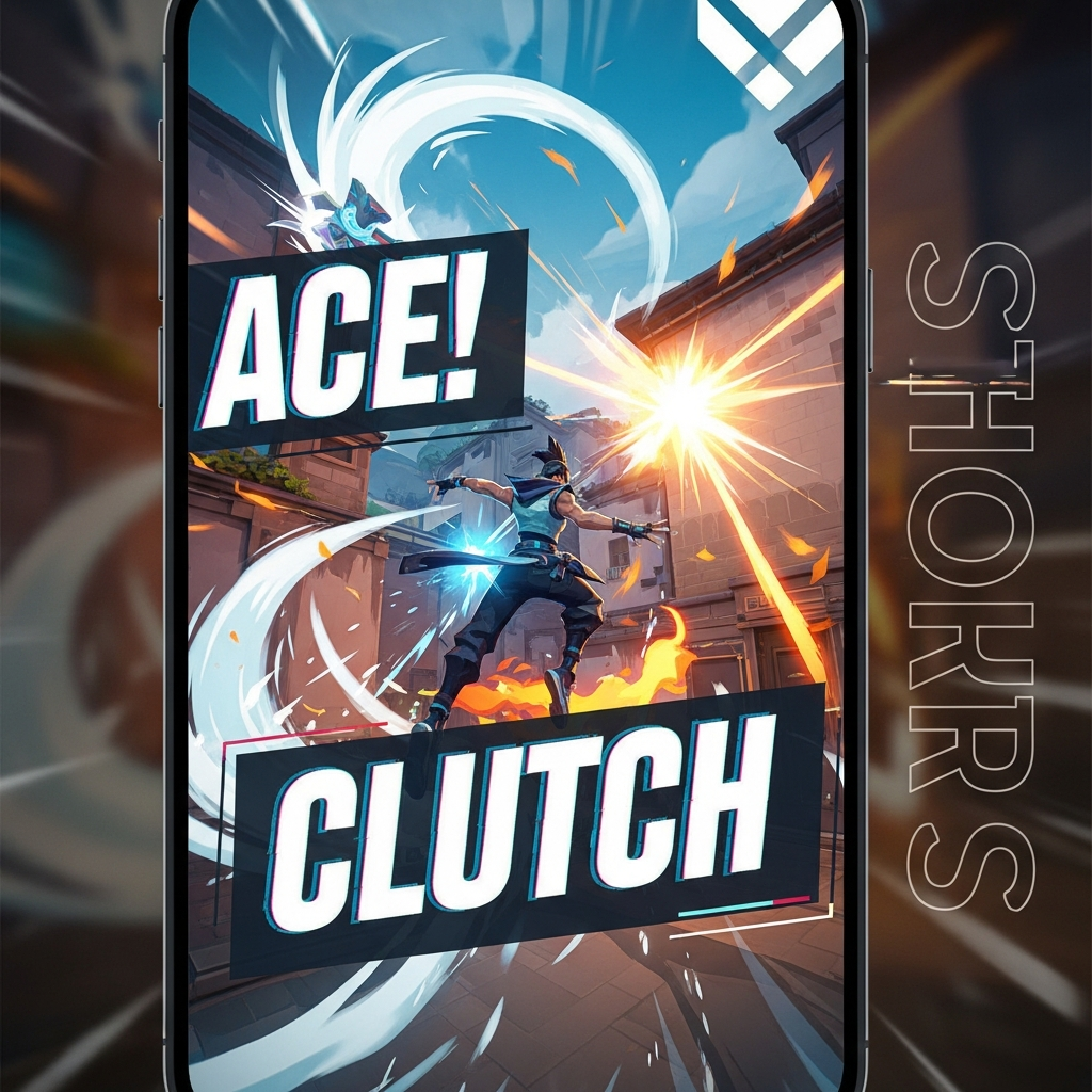 A dynamic 9:16 vertical phone screen displaying a fast-paced Valorant gameplay highlight with rapid visual effects, strong typography, and a large 'Shorts' logo overlay.