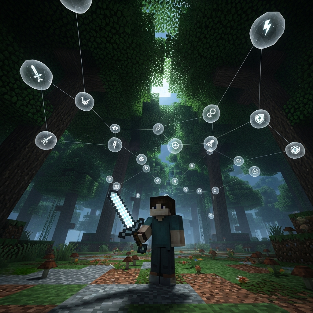 A lonely Minecraft player character standing in a dense, dark forest, holding a glowing ARPG-style sword, surrounded by floating skill tree nodes. Cinematic.