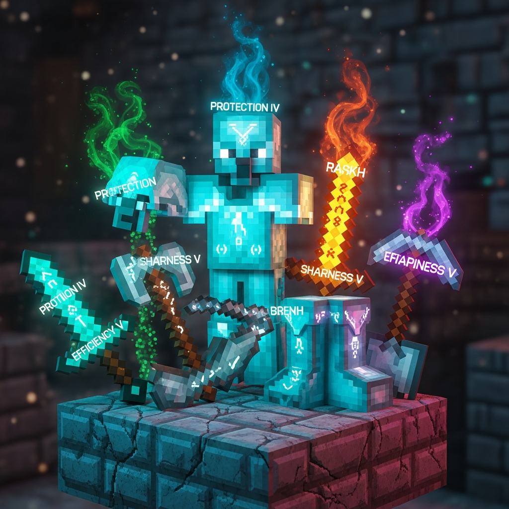 A close-up of high-quality, rare Minecraft loot (armor and weapons) with complex magical affixes glowing intensely on a stone pedestal. RPG fantasy style.