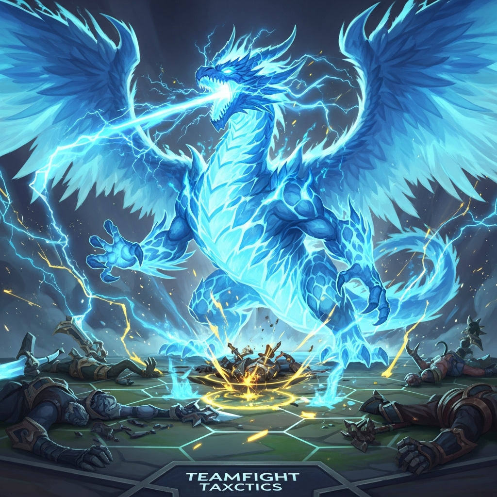 A dramatic, stylized illustration of a massive, glowing blue Cloud Dragon unit dominating a Teamfight Tactics board, surrounded by defeated enemy champions and sparking energy effects. Epic fantasy style, detailed.