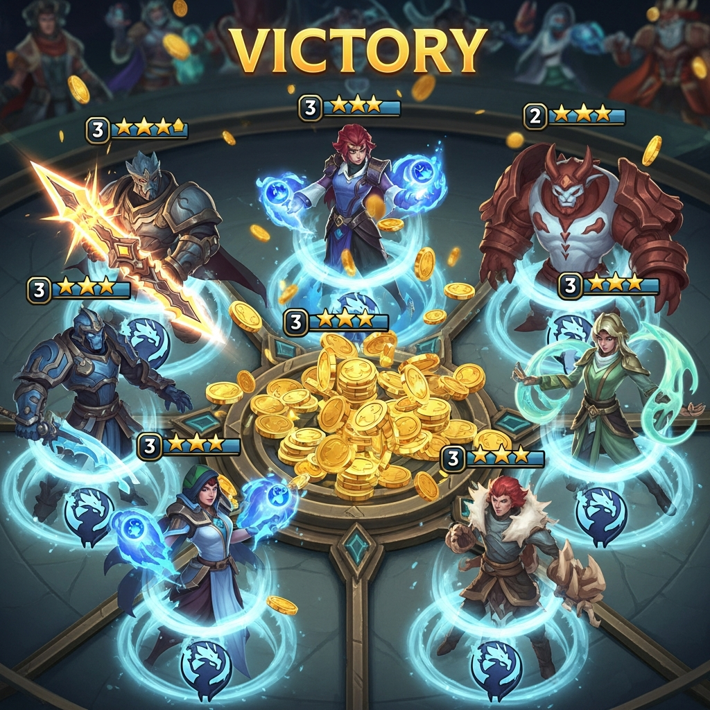A close-up view of a Teamfight Tactics game board's 'Victory' screen, displaying a powerful formation of 3-star champions with active 'Cloud Dragon' synergy icons, showing gold coins exploding around the carousel. Digital strategy game art.