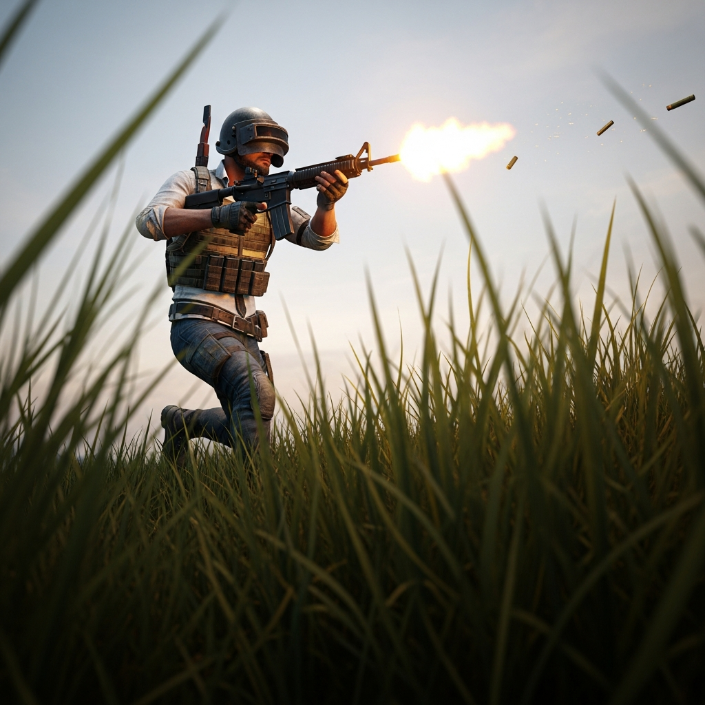 A dramatic, low-angle shot of a PUBG player aggressively sprinting and firing an M416 rifle in a dense grass field. Intense muzzle flash and focused action. Cinematic, realistic lighting, digital art.