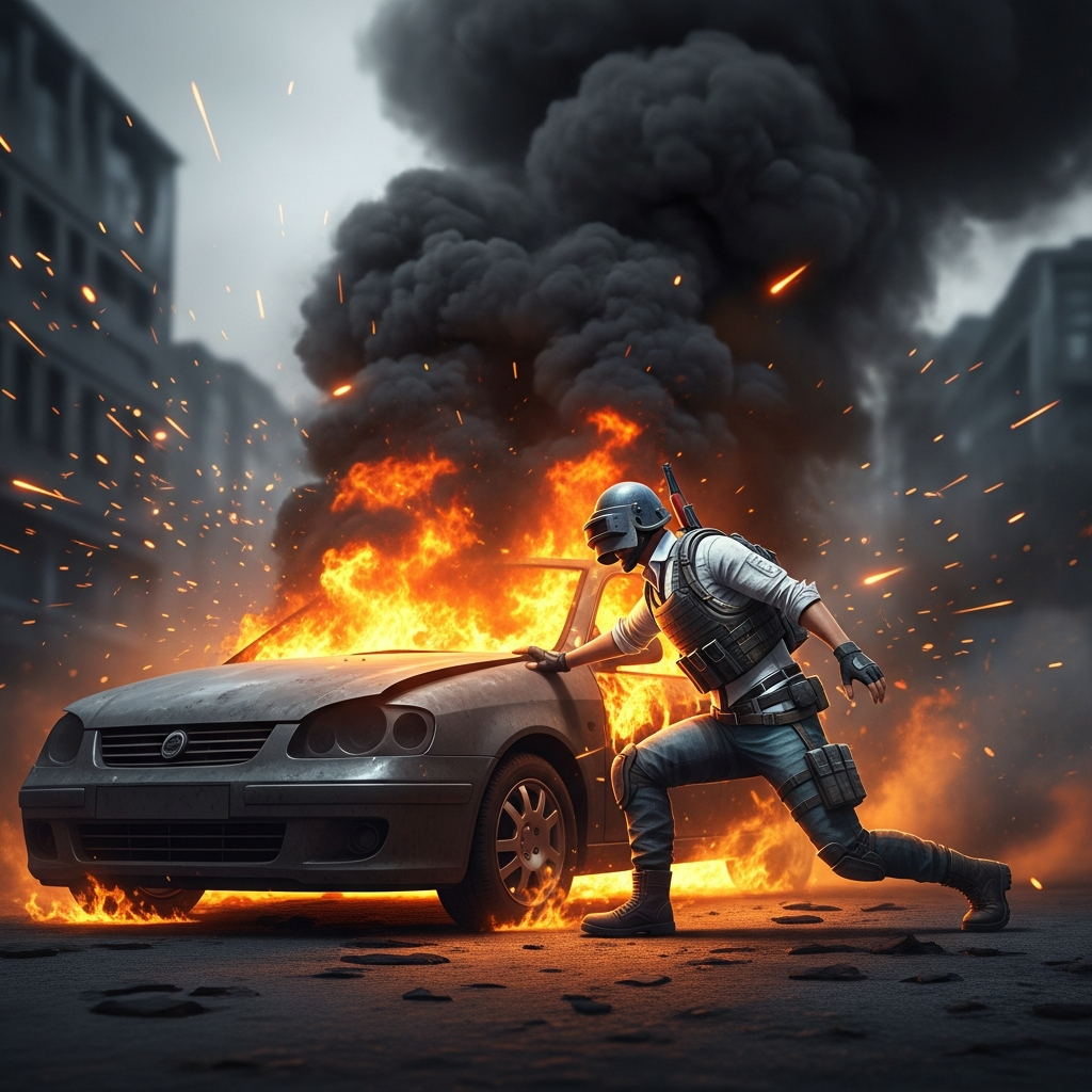A lone PUBG player, wearing tactical gear, taking skillful evasive maneuvers behind a burning car wreck while bullets spark the air around them. High tension, focused on survival and quick movement, digital illustration.