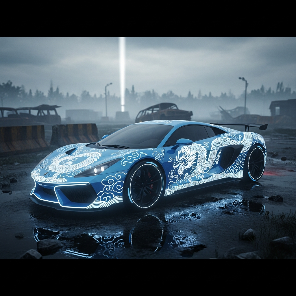A highly detailed, futuristic blue and white sports car with luminous cloud and traditional dragon motifs, dramatically parked in a foggy PUBG battlefield. Cinematic lighting, ultra-realistic.