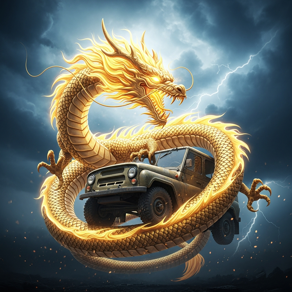 A stylized, glowing golden dragon aggressively encircling a PUBG UAZ vehicle, set against a dark, stormy sky. This visual must illustrate the concept of 'Ultimate Rarity' in a video game context.