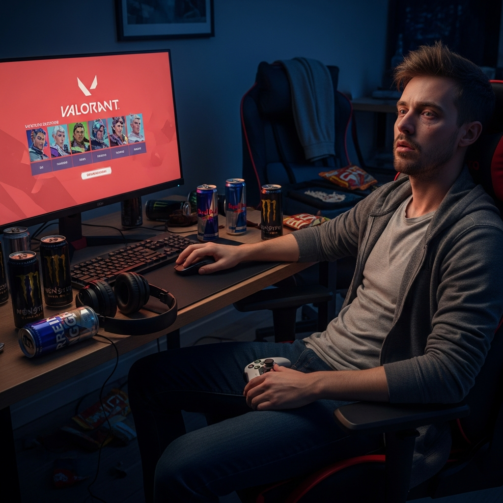 A tired gamer sitting in front of a monitor showing the Valorant main menu, surrounded by empty energy drink cans.
