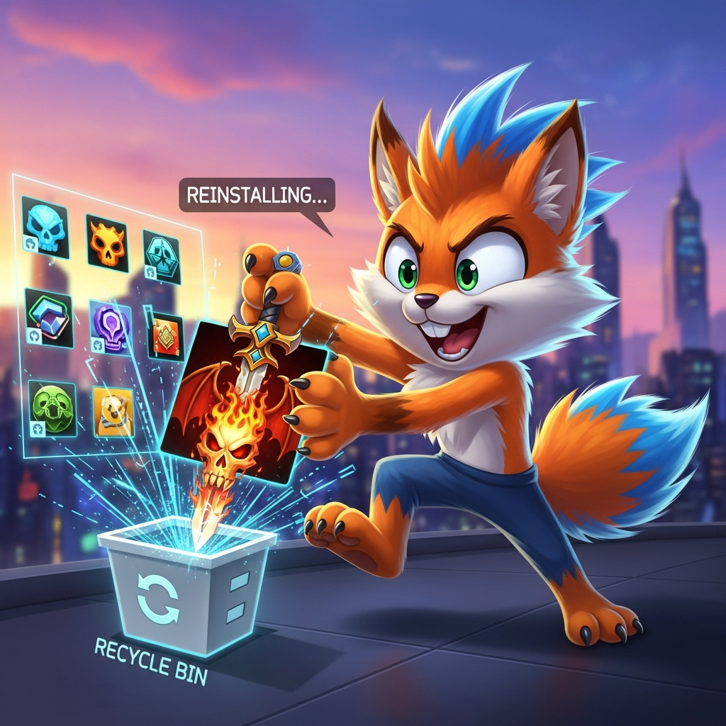 A cheerful character aggressively reinstalling a game icon on a computer desktop after previously deleting it.