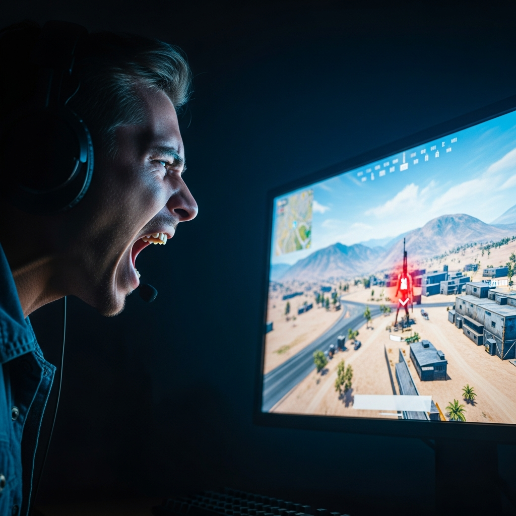 A frustrated gamer in a dark room intensely screaming at a brightly lit monitor, which shows a PUBG desert map (Miramar) with a disappearing enemy icon. The gamer's face is exaggerated in frustration. Cinematic lighting, dramatic perspective.