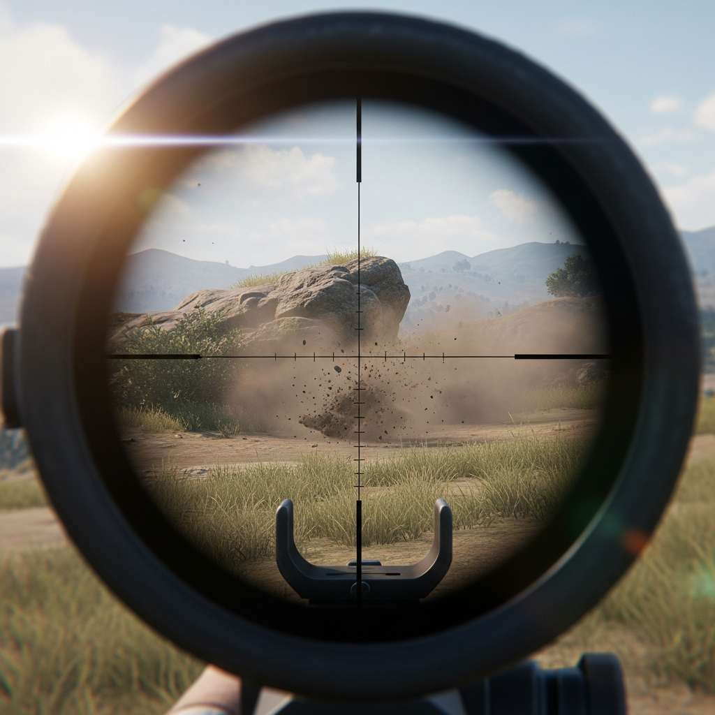 A close-up, first-person view through a sniper scope in PlayerUnknown's Battlegrounds. The crosshairs are focused on an empty spot near a rock formation, where an enemy player just vanished, emphasizing dust particles and confusion.