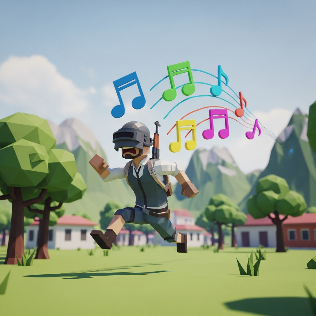 A low-polygon, retro-style PUBG character comically fleeing a pursuit on the Erangel map, emphasized by vibrant, humorous background music notes floating around. Digital art.