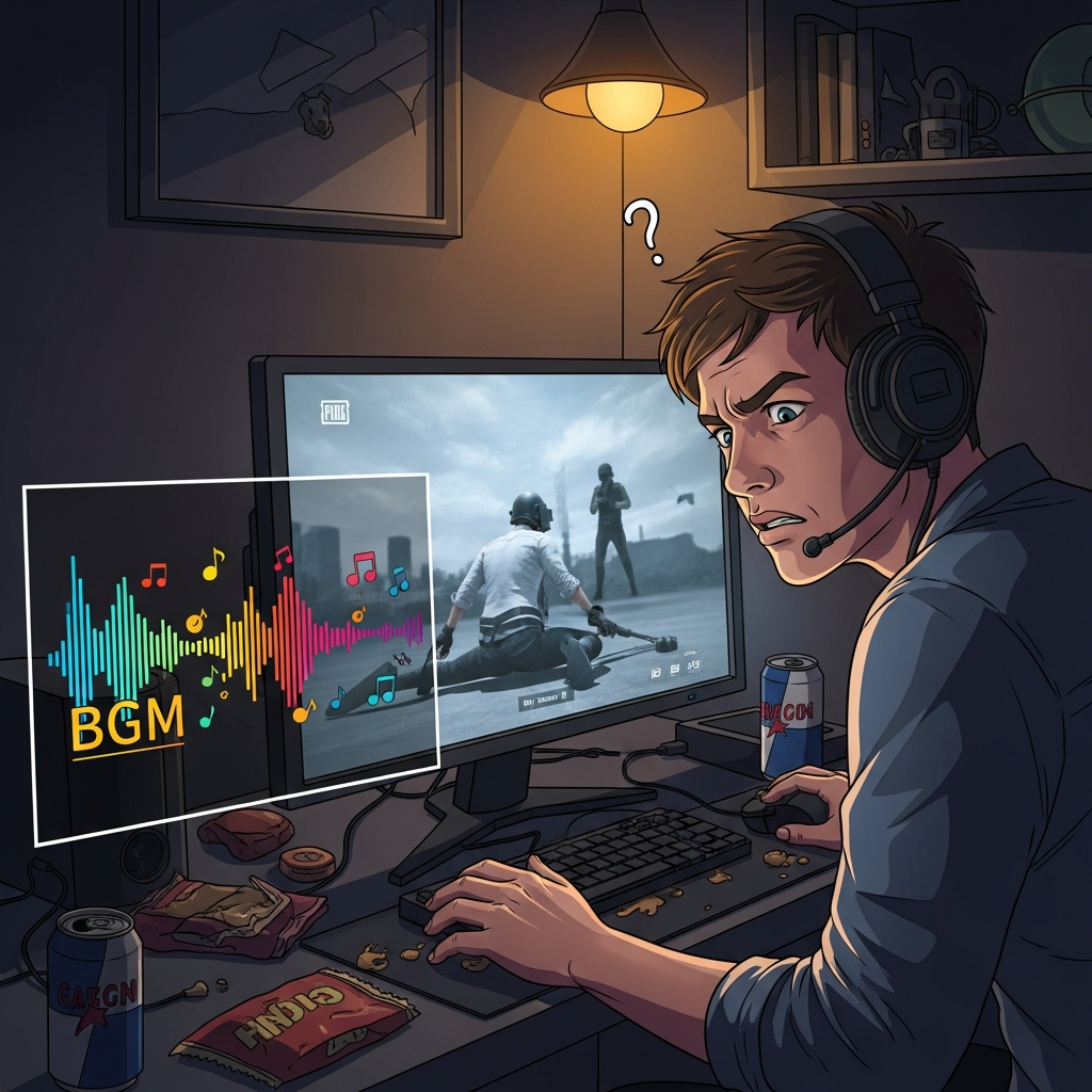 A digital illustration of a confused gamer in a dimly lit gaming room, staring at a monitor showing a missed enemy in PUBG, with cheerful, cartoonish BGM notes visualized as sound waves.