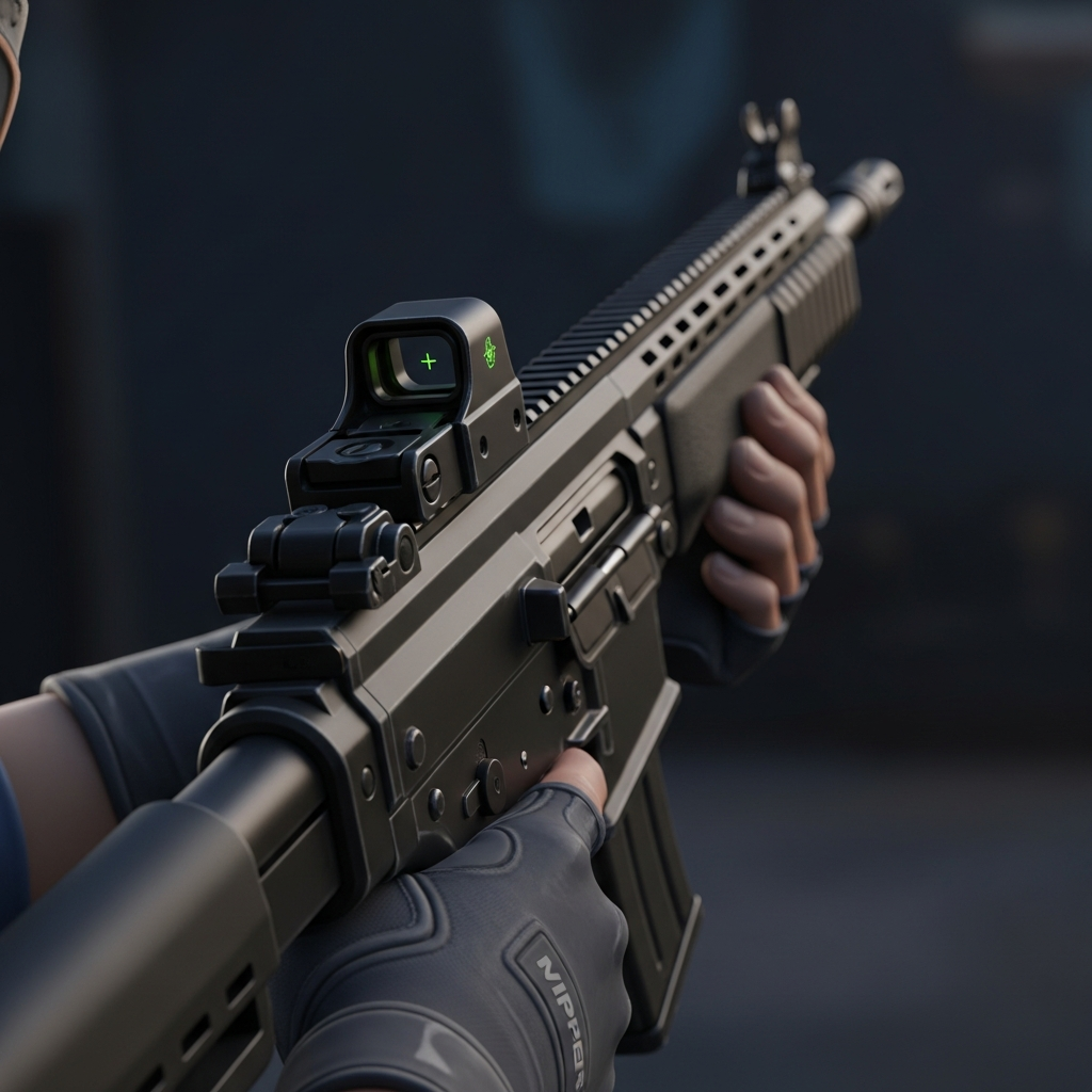 A minimalist, close-up image of a Valorant agent's hand firmly gripping a Phantom rifle, focused on a tiny crosshair, emphasizing quiet tactical precision.