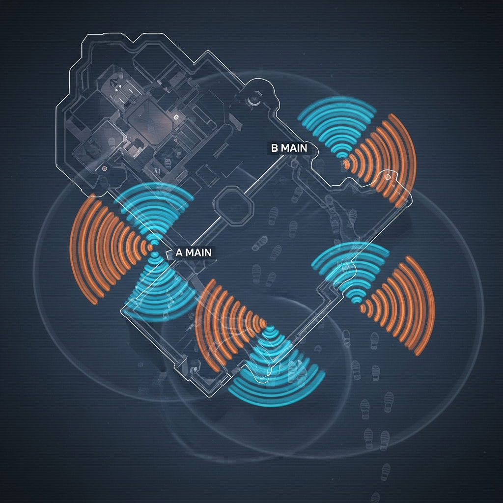 A dark, intense visual representing directional sound waves and faint footsteps overlaid on a stylized Valorant map, symbolizing pure tactical sound listening.
