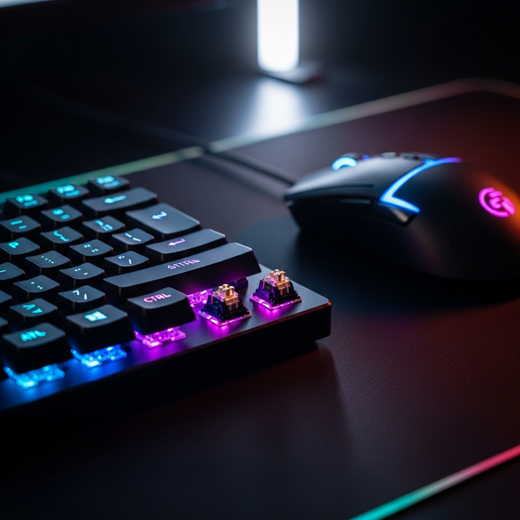 A close-up, dynamic shot of a high-end 60% gaming keyboard featuring RGB lighting and a magnetic switch, positioned on a sleek black desk next to a lightweight gaming mouse, emphasizing rapid trigger capability for Valorant gameplay. Cinematic lighting.