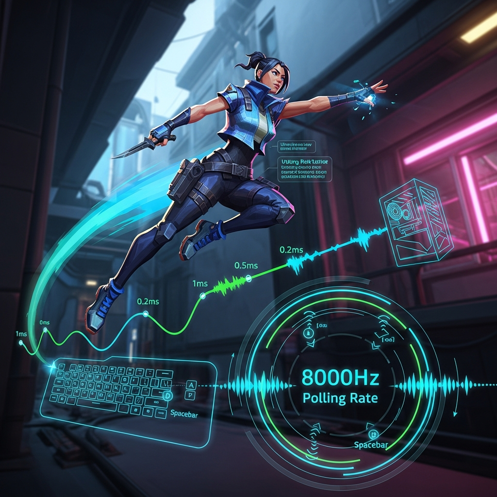 A dramatic scene showing a Valorant agent (like Jett or Reyna) performing a perfect Strafe Stop inside a game map, overlaid with translucent technical graphics illustrating ultra-low latency and 8000Hz polling rate data flow from the keyboard to the PC. High contrast, neon glow.