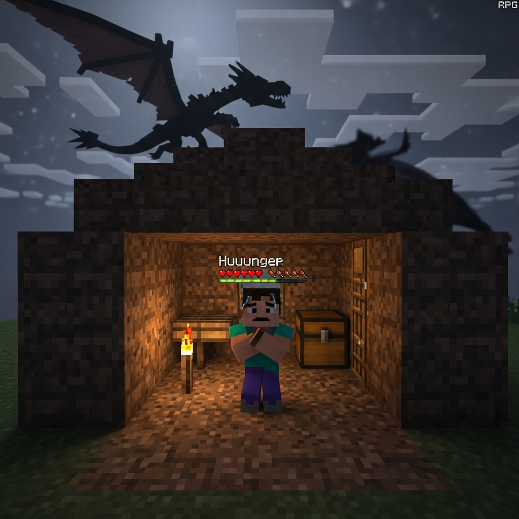 A desperate Minecraft player inside a tiny, pathetic dirt hut on Day 2 of a harsh RPG survival modpack (Craft to Exile). The sky is dark and an angry fantasy creature (Wyvern shadow) is visible outside. Cinematic lighting.