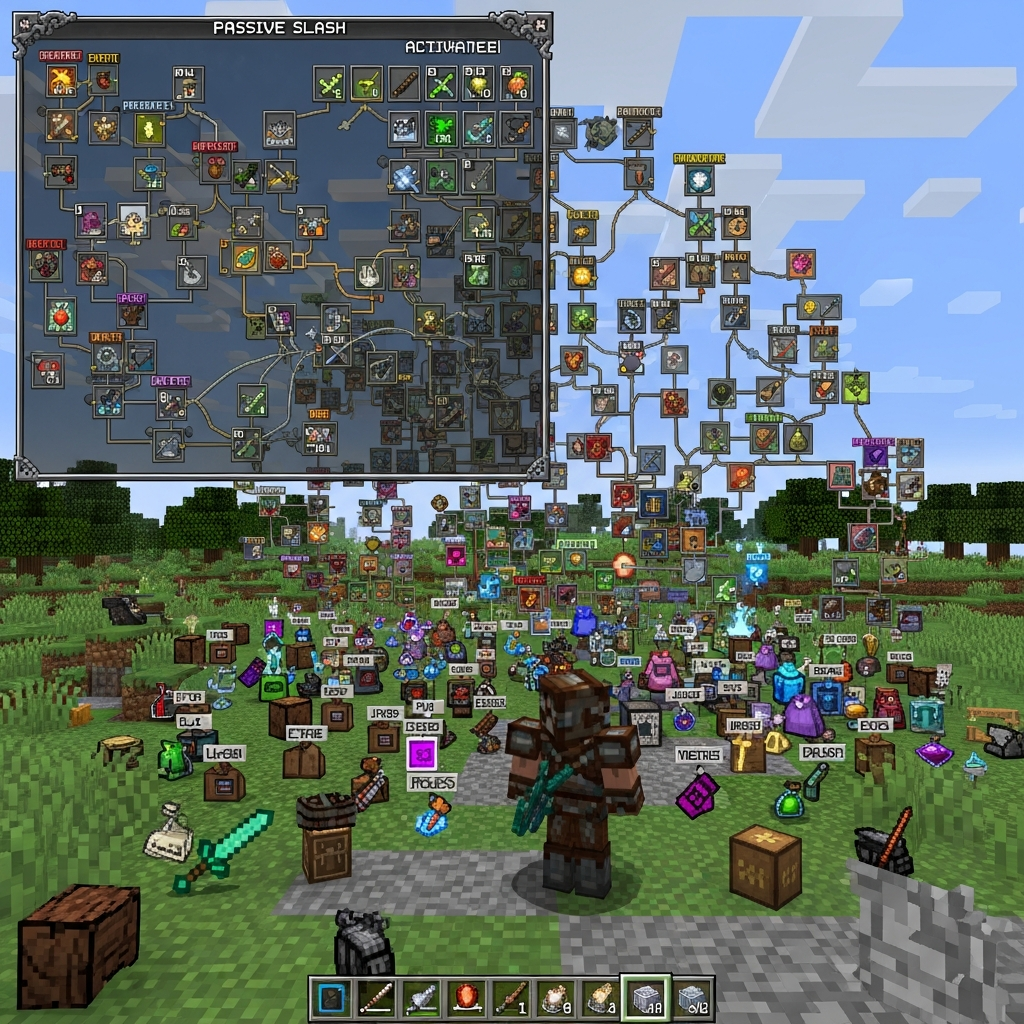 A complex, sprawling passive skill tree interface from the Mine and Slash mod overlaid on a blocky Minecraft landscape. Focus on chaotic item drops and glowing loot bags on the ground.