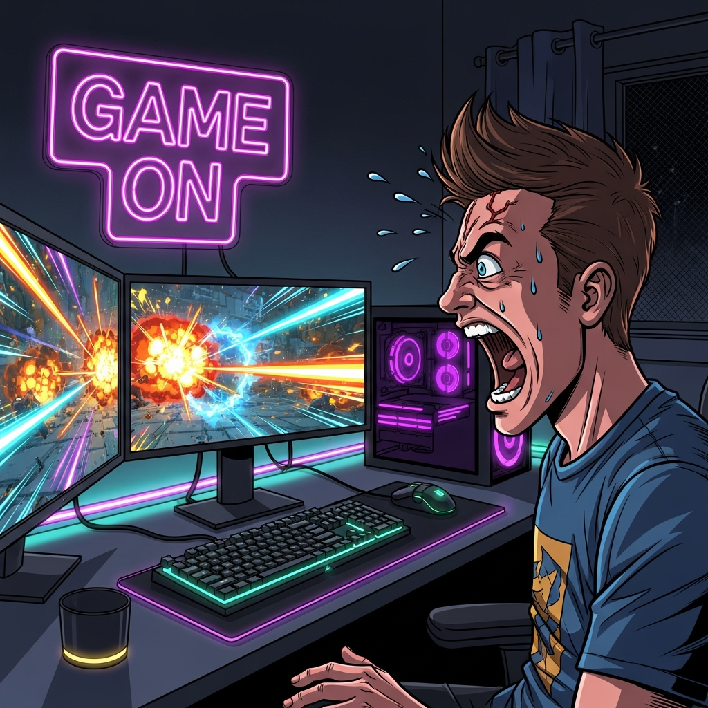 A streamer with an exaggerated, screaming face reacting to a computer screen, vibrant neon gaming setup, comic style.