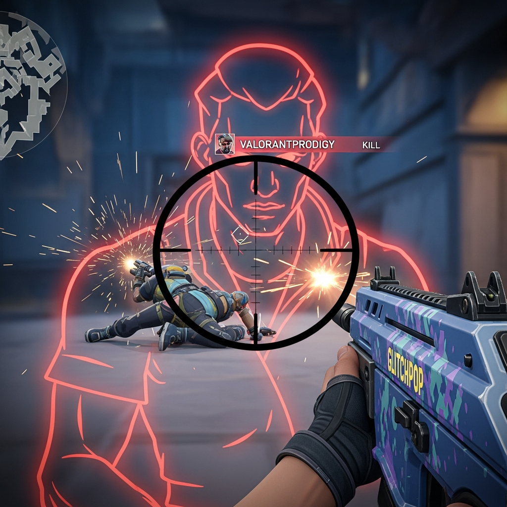 First-person perspective of a Valorant player missing a final shot as a teammate kills the last enemy, dramatic blur, cinematic lighting.