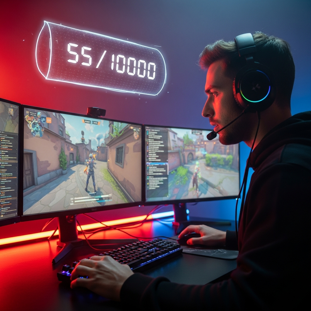 A dynamic, highly focused gamer playing Valorant on a PC, illuminated by red and blue neon lights, with a massive holographic counter in the background reading '55/10000'. Cinematic shot, hyper-detailed.