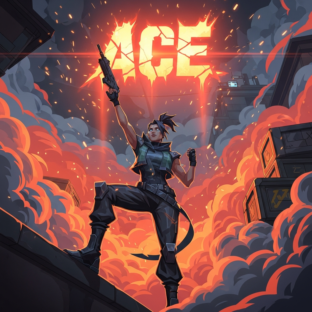 A stylized, dramatic depiction of a Valorant agent triumphantly standing on a map site amidst smoke and sparks, with the bold, fiery text 'ACE' glowing above their head. Action shot.